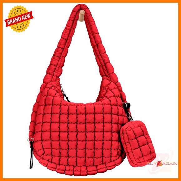 Large Quilted Puffer Tote Bag with Crossbody Strap Lightweight Carryall